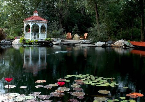 gazebos and ponds some things just go together, gardening, outdoor living, ponds water features, A large pond has a #gazebo and firepit nearby Chicago Landscape, Elegant Backyard, Backyard Ponds, Building A Pond, Bored Art, Backyard Pond, Outdoor Ponds, Fountains Backyard, Pond Ideas