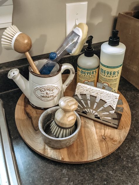 Ring Holder Kitchen Sink, Sink Area Decor Kitchen, Soap By Kitchen Sink, By The Sink Decor, Farmhouse Kitchen Sink Organization, Kitchen Island Sink Soap Organization, Kitchen Dish Soap Display Ideas, Kitchen Hand Soap Display, Kitchen Counter Soap Display