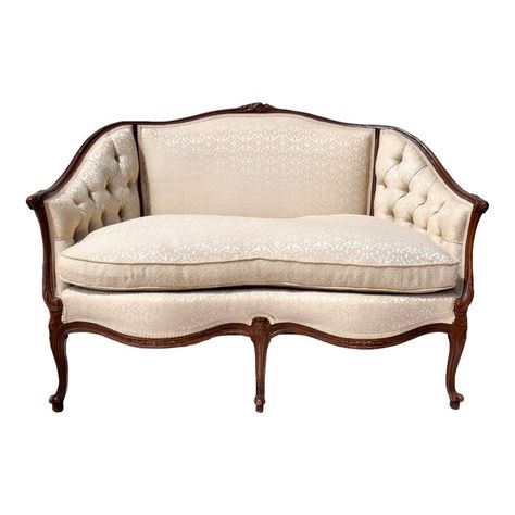 Early 20th C. Louis XV style Canape loveseat settee in tufted brocade with plush goose down loose cushion, wrap around back & hand carvings throughout. A very sweet loveseat of heirloom quality, nicely  maintained & ready for use. Cozy dimensions; seat: 22" H. Small Loveseat, Leather Loveseat, Luxury Sofa, Settee, 3 Seater Sofa, Danish Modern, Wrap Around, Love Seat, Duvet