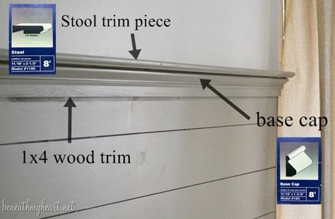 How to Cap Off a Wood Plank Wall with Decorative Trim | Beneath My Heart Shiplap Top Half Wall, Shiplap Trim Moldings, Half Shiplap Wall Entryway, Shiplap Half Wall With Ledge, Half Shiplap Wall Dining Room, Shiplap Wall Edge Trim, How To Trim Out Shiplap Walls, Horizontal Shiplap Half Wall, Shiplap Wall Half Way Up