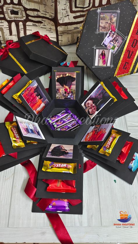 Chocolate explosion box Suprise Birthday, Chocolate Lovers Gift, Anna Kristoff, Birthday Chocolate, Swiss Chocolate, Custom Photo Frames, Handmade Gifts Diy, Lindt Chocolate, Birthday Chocolates