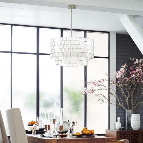 Capiz Zigzag Chandelier | West Elm Mobile Chandelier, Room Light Fixtures, Chandelier Kitchen, Kitchen Goals, Kitchen Chandelier, Living Room Light, Dining Room Light, Dining Room Light Fixtures, Metal Canopy