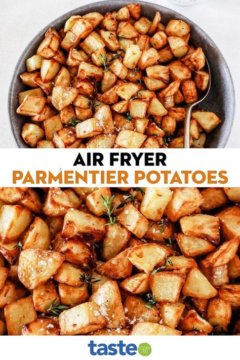 Parmentier potatoes are a classic French potato dish – crispy cubes of roast potato flavoured with garlic and thyme. This version allows you to free up the oven by cooking them in the air fryer and it makes them extra golden and crispy, too. Parmentier Potatoes Air Fryer, Air Fryer Potatoes Cubes, Air Fryer Recipes Uk, Parmentier Potatoes, Boulangere Potatoes, Air Fry Potatoes, French Potatoes, French Roast, Diced Potatoes