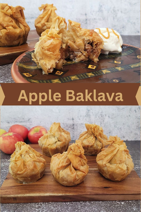 two pictures 1) apple baklava on a wooden board and 2) inside of baklava and a scoop of ice cream Apple Honey Dessert, Apple And Honey Desserts, Warm Apple Desserts, Honey Baklava Recipe, Apple Baklava, Baklava Pie, Honey Baklava, Baklava Dessert, Honey Dessert