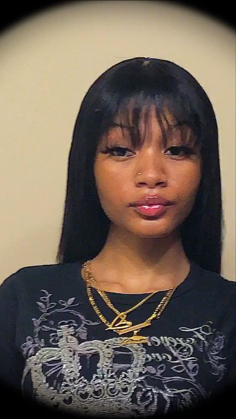 Black Women Fringe Hairstyles, Silk Press With Fringe Bangs, Cute Bangs Hairstyles Black Women, Straight Sew In With Bangs, Baddie With Bangs, Relaxed Hair With Bangs, Hairstyles For Short Hair Bangs, Short Hair With Bangs Black Women, Silk Press With Bangs