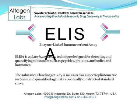 Altogen Labs, 4020 S Industrial Dr, Suite 130, Austin TX 78744, USA  512-433-6177 ELIS A Enzyme-Linked Immunosorbent Assay ELISA.> Sonic 06 Elise, Elita One Transformers Animated, Elisa Pendant Necklace, Fulvic Minerals, Plant Pathology, B Cell, Medicine