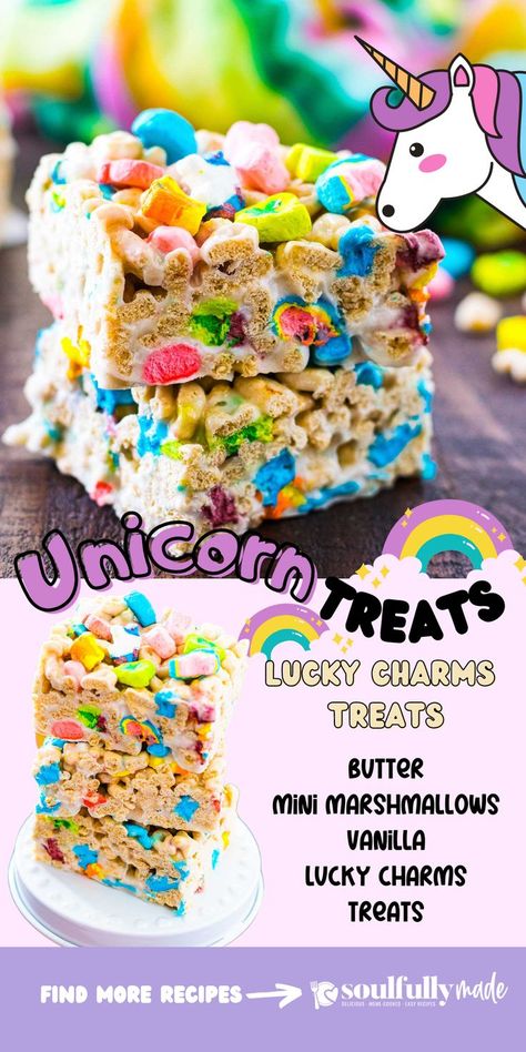 A colorful pin for Unicorn Birthday Treats made with Lucky Charms. Unicorn Birthday Party Finger Foods, Unicorn Rice Krispie Treats, Unicorn Theme Food, Unicorn Rice Crispy Treats, Unicorn Food Ideas Themed Parties, Unicorn Birthday Treats, Bluey Dessert, Unicorn Dinosaur Party, Dinosaur And Unicorn Birthday Party