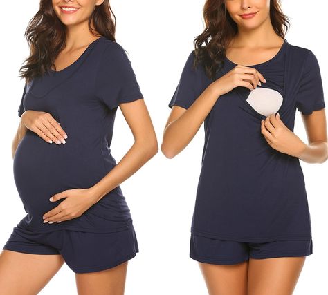 PRICES MAY VARY. Must have maternity basic clothing for a more comfortable pregnancy, sleep, breastfeeding. Maternity top：ultra soft and breathable fabrics are not only comfortable but also absorbs sweat and keeps it fresh，Double layer design makes breastfeeding easier at night Nursing short：Adjustable stretch Waistband can fit great, Specially made for the comfort of pregnant women, Never worry about size. Double collar invisible breastfeeding, easy to put on and take off, classic basic fit for Maternity Pajama Set, Nursing Pajama Set, Maternity Nursing Pajamas, Nursing Pajamas, Maternity Pajamas, Maternity Shorts, Nursing Tops, Nursing Clothes, Womens Maternity