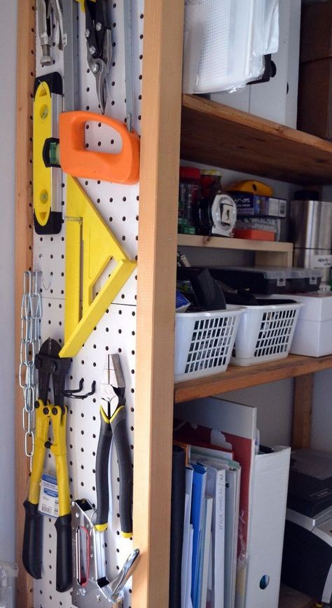 I've had this inexpensive IVAR IKEA shelving unit for years and every time I've moved into a new apartment, I've found a way to "hack" it so it would adapt to what I needed in my new space.  IKEA IVAR shelving unit In my Chicago apartment, I wanted a cork board in my home office so I used cork tiles to fill in one of the sides. I cut the tiles to fit, glued the cork tiles to cardboard and then used small nails to secure it to the side.  I liked that it the shelving unit look like a sol… Garage Storage Units, Diy Storage Solutions, Ikea Shelving Unit, Ikea Regal, Pegboard Storage, Overhead Garage Storage, Garage Storage Shelves, Garage Storage Solutions, Ikea Ivar