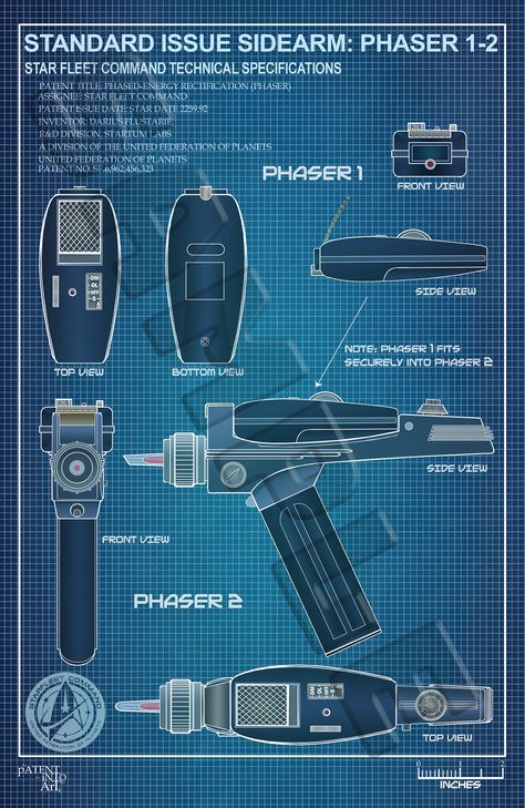 An Art poster of the famous Star Trek Phaser 1 & 2, the side arm of Captain James T. Kirk. This poster is done in a graph paper blue print background style.  A must for any fan. Star Trek Phaser, Star Trek Artwork, Famous Star, James T Kirk, Starfleet Ships, New Star Trek, Background Style, Scifi Fantasy Art, Star Trek Art