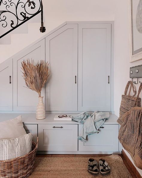 Mudroom Lockers Under Stairs, Lockers Under Stairs, Under Stairs Mudroom Entryway, Under Stairs Entryway Ideas, Mud Room Under Stairs, Mudroom With Stairs, Mudroom Under Stairs, Under Stairs Mudroom, Entryway Ideas With Stairs Entry Foyer