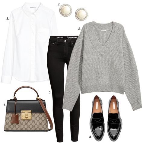 casual work outfit, grey sweater, black skinny jeans, loafers, women, fashion, how to wear, style, personal shopper How To Wear Loafers Women, Prep Outfits, Loafers For Women Outfit, How To Wear Loafers, Grey Sweater Outfit, Black Pants Outfit, Life Challenge, Casual Work Outfits Women, Loafers Outfit