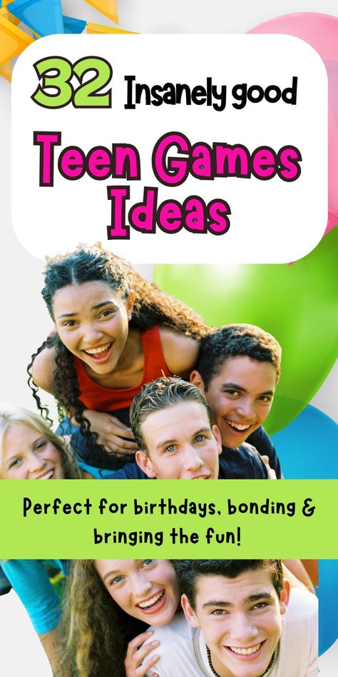 Discover these 32 fun and exciting teen games ideas to play at a teenager's birthday party and to bond with friends. These are the high energy group party games that are brilliant entertainment if you are hosting an event and need reliable party games that teens love to play. Hosting occasion, party planning, party games for teens, indoor games, outdoor games, ice-breaker games, exciting game ideas to make sure the party is unforgettable and an amazing experience for your teen son or daughter Birthday Party Teen Games, Party Games All Ages, Fun Games To Play At A Sweet 16, Fun Teenage Birthday Party Ideas, Sweet 16 Game Ideas Activities, Party Games For All Ages Indoor, Games To Play At A Sweet 16 Party, Fun Things To Do At A Sweet 16 Party, Party Games For Middle Schoolers