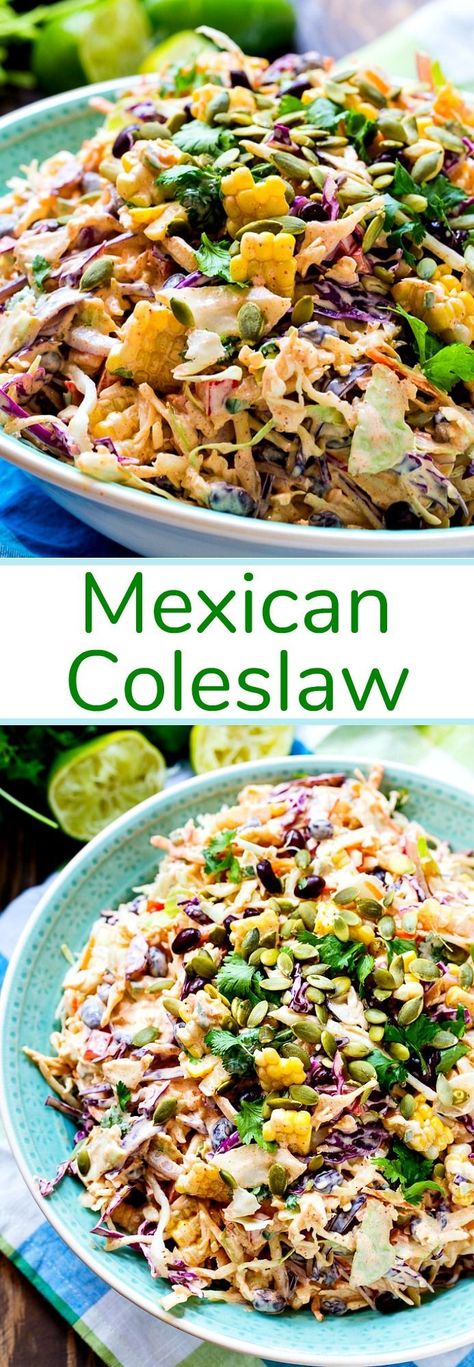 Mexican Coleslaw- a creamy coleslaw flavored with taco seasoning. Mexican Coleslaw, Coleslaw Salad, Creamy Coleslaw, Salad Pasta, Coleslaw Recipe, Recipes Vegan, Taco Seasoning, Tex Mex, Coleslaw