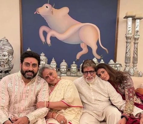 The Bachchan family is well-known for their extravagant Diwali parties. Every year the nation waits to witness Bachchan’s Diwali party as it is all about celebrities dressed in their best, the late-night card parties and lots of glamour and decor. Diwali 2021 was no different for the Bachchans, as the entire clan had gathered together by taking out some time from their busy schedules to celebrate the auspicious occasion.    This year, the Bachchans had celebrated their Diwali at their Ju Jaya Bhaduri, Shweta Bachchan, Bachchan Family, Jaya Bachchan, Satyajit Ray, Diwali Pictures, Bull Painting, Marry Your Best Friend, Throwback Pictures