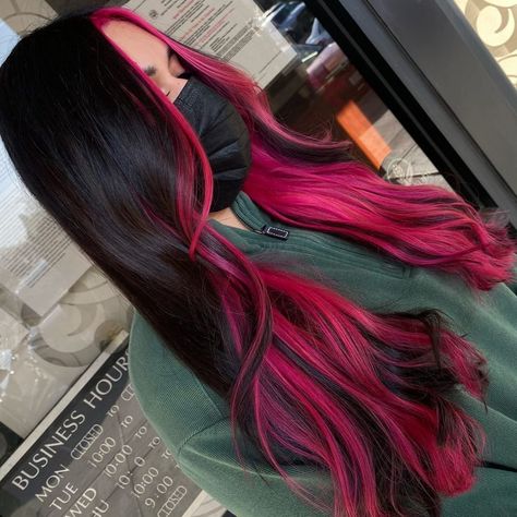 50 Magenta Hair Colors And Styles Trending In 2024 Fuschia Peekaboo Hair, Red Hair With Purple Peekaboos, Black And Pink Hair Dye Ideas, Magenta Hair Ombre, Magenta Peekaboo Hair, Magenta And Black Hair, Hot Pink And Brown Hair, Wolf Cut Hair Color Ideas, Magenta Highlights On Dark Hair