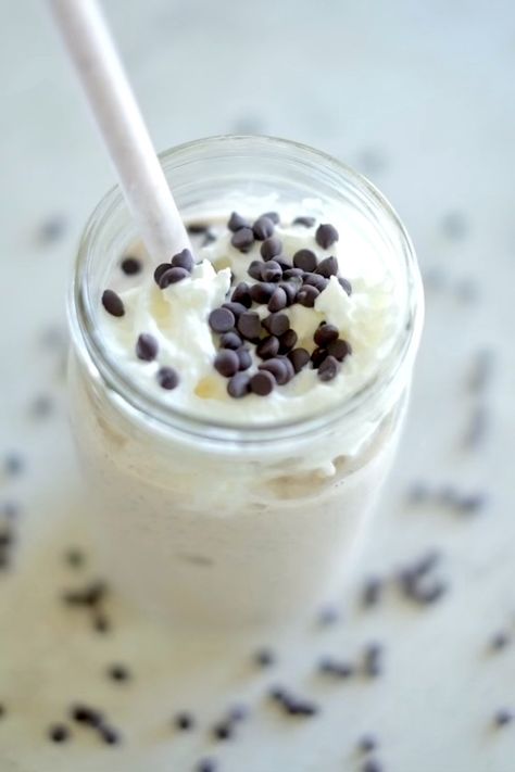 Chocolate Chip Protein Shake, This Chocolate Chip Protein Shake hits the spot when you craving a milkshake or ice cream, but want a healthy treat with protein! The chips blend into little bits of chocolate swirled throughout the thick creamy shake and every sip tastes like dessert with 20 grams of protein! Chocolate Chip Protein Shake, Protein Breakfasts, 20 Grams Of Protein, Healthy Treat, Chocolate Swirl, High Protein Breakfast, Protein Breakfast, Protein Shake, Smoothie Shakes