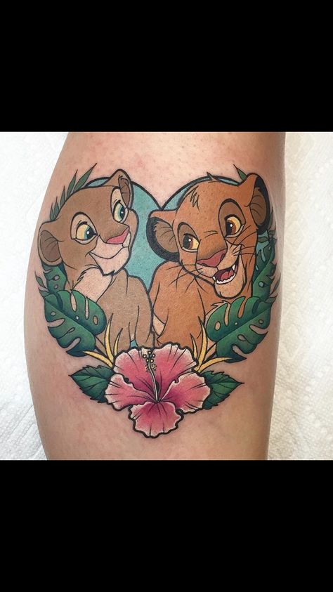 Simba and nala tattoo Nala Tattoo, Lilo And Stitch Tattoo, Disney Inspired Tattoos, Disney Sleeve Tattoos, Lion King Tattoo, Disney Sleeve, Stitch Tattoo, King Tattoos, Simba And Nala