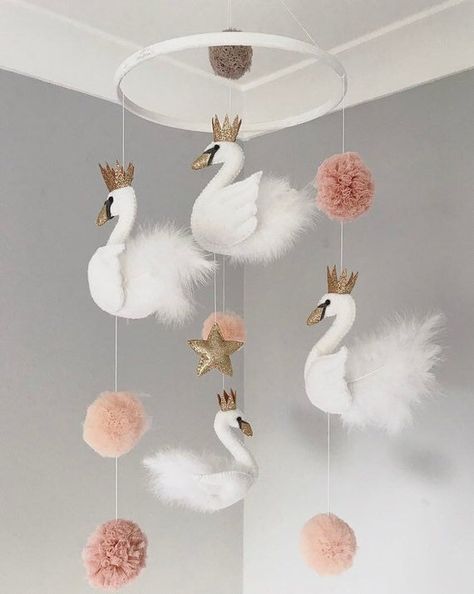 Swan Mobile, Fabric Crowns, Swan Nursery Decor, Silver Crowns, Baby Room Closet, Swan Baby Shower, Crochet Baby Mobiles, Tulle Poms, Princess Nursery