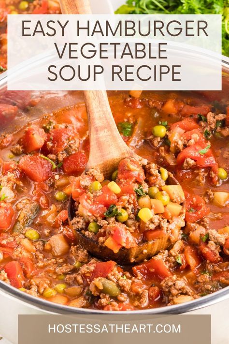 Easy Hamburger Vegetable Soup Recipe (One-Pot) Vegetable Soup Hamburger, Quick And Easy Vegetable Beef Soup, Hamburger Vegetable Soup Crock Pot, Crockpot Hamburger Vegetable Soup, Vegetable Soup With Hamburger, Hamburger Vegetable Soup Easy, Easy Vegetable Beef Soup, Vegetable Soup Crock Pot, Hamburger Soup Recipe