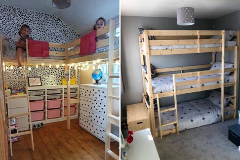 Bunkbed Room Divider Ideas, Under The Bunkbed Ideas, Bunkbed Room Divider, High Sleeper Bed Ideas, Maeve Bedroom, Shared Room Divider Ideas, Kids Room With Bunkbeds, Boys Beds, Box Room Bedroom Ideas