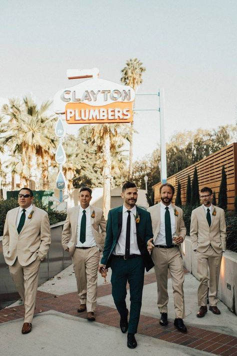 This Colorful Mid-Century Museum of Neon Art Wedding is Our New Obsession | Junebug Weddings Groom Different Color Than Groomsmen, Tropical Groomsmen, Groomsman Outfits, Green Suits, Groomsmen Style, Wedding Groomsmen Attire, Grooms Men, Groom And Groomsmen Suits, Groom Tux