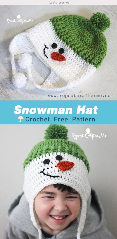 Christmas Snowman Hat Crochet Free Pattern Snowman Beanie Crochet, Crochet Kids Christmas Hats, Snowman Crochet Hat Patterns Free, Snowman Crochet Hat, Crochet Children Hats, Snowman Hat Crochet Patterns Free, Christmas Tree Crochet Hat Pattern Free, Crochet Christmas Hats For Kids, Crochet Holiday Hats