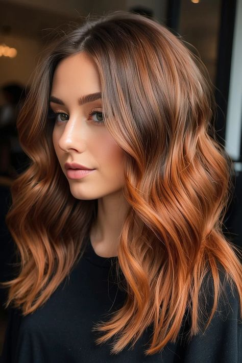 10 Stunning Copper Balayage Hairstyles for Brunettes - George Elrod's Beauty Ideas Copper Red Hair Color Balayage Brunettes, Copper Balayage Hair Brunettes, Copper Hair Balayage Brunettes, Blonde Copper Balayage, Ginger Balayage On Brown Hair, Brown To Copper Balayage, Strawberry Blonde Balayage Brunette, Light Copper Balayage, Brunette Copper Hair