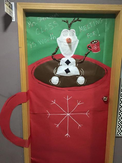 Christmas door decoration for a classroom. Olaf in a mug of hot chocolate. My students came up with this all on their own! Brilliant! Winter Classroom Door, Christmas Door Decorating, Door Decorations Classroom Christmas, Victorian Christmas Tree, Holiday Door Decorations, Contest Ideas, Christmas Door Decorating Contest, Christmas Classroom Door, School Door Decorations