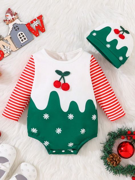 Baby Girls Christmas Style Colorblock Cherry Detail Romper White     Christmas  Non-Stretch  Baby Girls Clothing, size features are:Bust: ,Length: ,Sleeve Length: Red Green Dress, Baby Boy Christmas, Outfit Christmas, Baby Christmas Outfit, Christmas Style, Baby Christmas