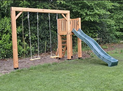 Diy Play Sets Outdoor For Kids, Diy Swing Set With Slide, Diy Kids Outdoor Play, Small Backyard Playground, Diy Swingset, Swings Playground, Swingset Ideas, Diy Swing Set, Small Garden Plans