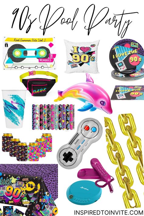 Get these items so you have a RAD 90’s pool party! #90spoolparty #poolpartyideas #summerparty #summerpartyideas #summerpoolpartyideas 90s Theme Pool Party Outfit, 90s Pool Party Aesthetic, 80s Pool Party Theme, 90s Pool Party Theme, 90s Summer Party, 2000s Pool Party, 90s Pool Party Outfit, 80s Pool Party, 90s Pool Party