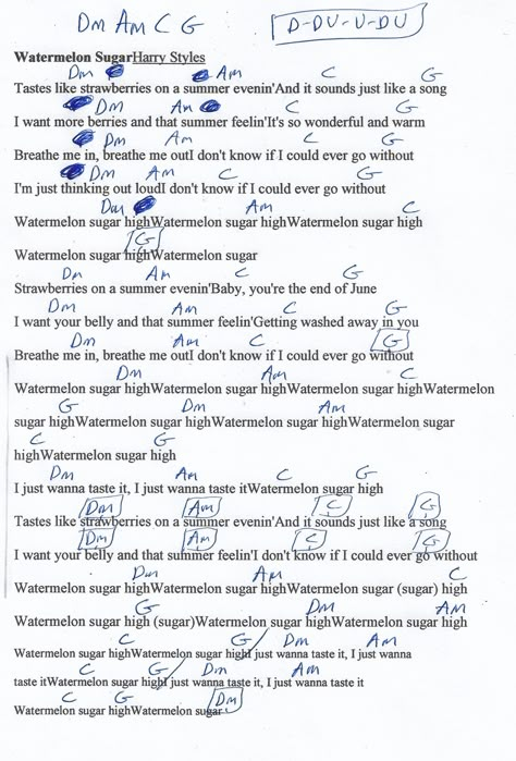 Watermelon Sugar (Harry Styles) Guitar Chord Chart Gutair Chords Songs Easy, Easy Guitar Chords And Lyrics, Songs On Guitar Chords, Best Guitar Songs, Easy Uke Songs, Gutair Chords Songs, Harry Styles Guitar Chords, Harry Styles Ukulele, Ukulele Chords Songs Easy