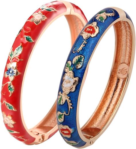 Amazon.com: UJOY Fashion Cloisonne Bracelets Set Gold Plated Enameled Jewelry Spring Hinged Metal Cuff Bangles Gift Box Packed 55A18-55A82 White Blue: Clothing, Shoes & Jewelry Enameled Jewelry, Metal Bangles, Indian Flowers, Blue Clothing, Gold Bracelet Set, Bangles Indian, Bracelets Set, Gorgeous Bracelet, Bangles Jewelry