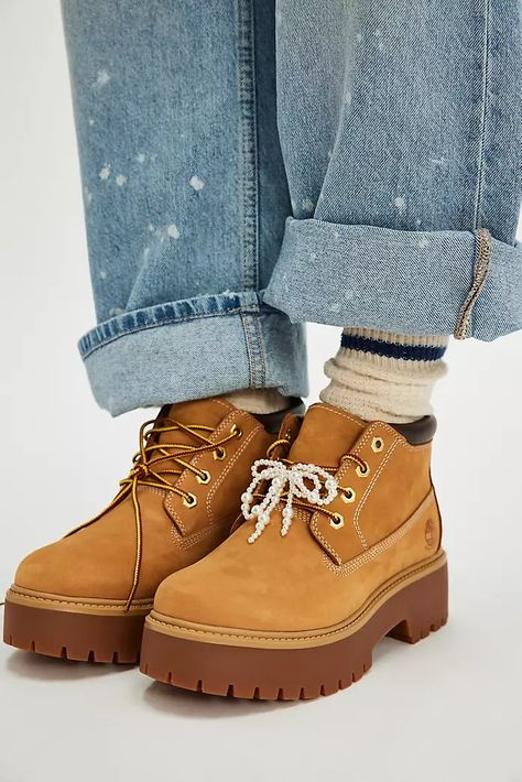 Women's Boots + Booties | Free People Timberland Stone Street Outfit, Boots Winter 2024, Brown Hiking Boots Outfit, Brown Lace Up Boots Outfit, Women Work Boots, Timberland Snow Boots, Fall Shoes Women, Snow Boots Outfit, Tims Boots