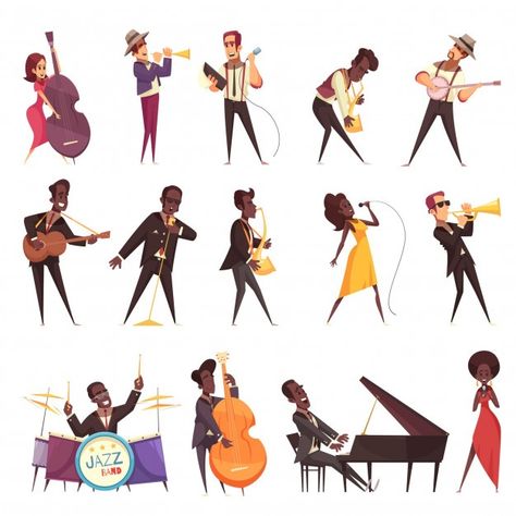 Jazz music set of isolated icons with ca... | Free Vector #Freepik #freevector #music #abstract #party #character Jazz Poster, Music Illustration, Musica Rock, Cartoon Images, Cartoon Character Design, Digital Artists, Jazz Music, Cartoon Style, Vector Photo