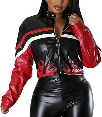 CONCINEROS Women's Faux Leather Jacket Zip Up Cropped Bomber Leather Jacket Women 2024 S-XL Patchwork Leather Jacket, Faux Leather Jacket Women, Pu Jacket, Women Jumpsuit, Motorcycle Leather, Womens Turtleneck, Biker Leather, Leather Motorcycle Jacket, Leather Dresses