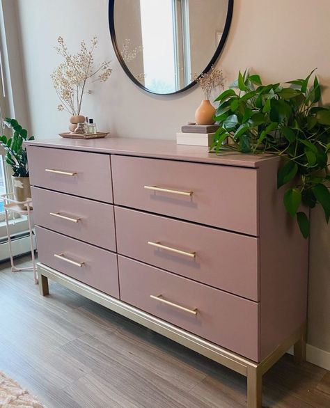 Ikea Hack: Millennial Pink & Gold Tarva Dresser Refinishing Pink Dressers Bedroom, Colored Dressers Bedroom, Redo Ikea Dresser, Pink And Gold Apartment Decor, Ikea Tarva Dresser Makeover, Ikea Idanäs Dresser Hack, Diy Pink Dresser Makeover, Paint Malm Dresser, Dusty Rose Dresser