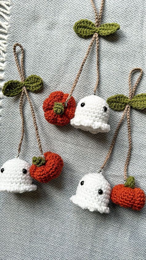 Explore 30 cozy fall crochet patterns, from blankets to hats, perfect for autumn. Get inspired with these warm and festive ideas.' Crochet Car Dangles Free Pattern, Small Gifts Diy Crafts, Crochet Patterns Fast And Easy, Ghost And Pumpkin Crochet Mirror Hanger Pattern, Crochet Small Halloween, Halloween Car Hanger Crochet, Crochet Thanksgiving Amigurumi, Halloween School Supplies, Crochet Pumpkin And Ghost Car Hanger