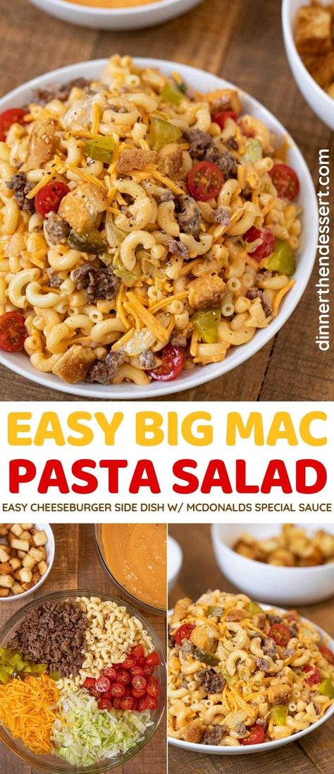 Easy Big Mac Pasta Salad, Cheap Easy Food For A Crowd, School Lunch Pasta Salad, Big Mac Macaroni Salad, Big Mac Pasta Casserole, Pasta Salad With Ground Beef, Big Mac Pasta Salad Recipe, Comforting Pasta Dishes, Cheeseburger Sides