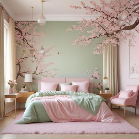 Sakura Bedroom, Green And Pink Bedroom Ideas, Pastel Bedroom Decor, Staging Bedroom, White And Gold Nightstand, Beige Throw Blanket, Sakura Wall, Bedroom Pastel, Curtains Floral