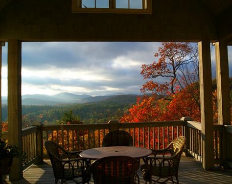 mountain view from porch in fall cashiers Mountain Hideaway, Tree House Drawing, Inspirational Architecture, Mountain View Home, Mountain Home Exterior, Cabin Retreat, Carolina Mountains, Mountain Cottage, Fall Vacations