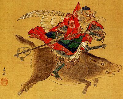 Crow Tengu, Late Edo Period Painting by Kaihou Yuutoku Japanese Myth, Japanese Buddhism, Japanese Monster, Japanese Mythology, Japanese Drawings, Japanese Folklore, Japanese Illustration, Traditional Japanese Art, Samurai Art