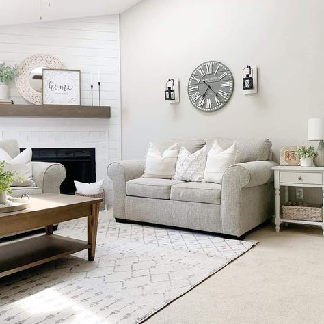 White Shiplap Accent Wall, Agreeable Gray Living Room, Shiplap Living Room, Grey Sectional Couch, Gray Living Room Ideas, Dark Brown Leather Sofa, Blue Furniture Living Room, Gray Loveseat, White Brick Fireplace