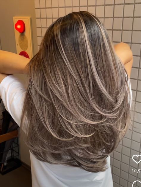 Layer Highlight Hair, Hair Light Ash Grey, Ash Brown Hair Layers, Cat Rambut Brown, Mid Light Hair, Rambut Ash Blonde, Highlight Rambut Brown, Silvery Brown Hair Color, Ashbrown Haircolor Highlights