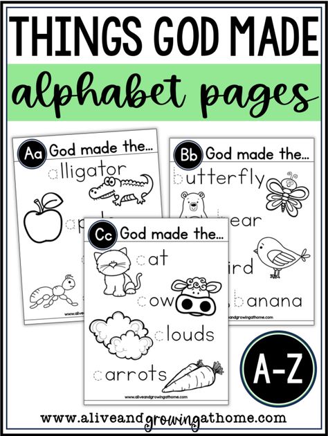 Things God Made Alphabet Pages - Alive and Growing at Home Letter Animals, Bible Alphabet, Bible Homeschool, Christian Preschool, New Testament Books, Christian Nursery, Letters And Sounds, Abc Flashcards, Reading Curriculum