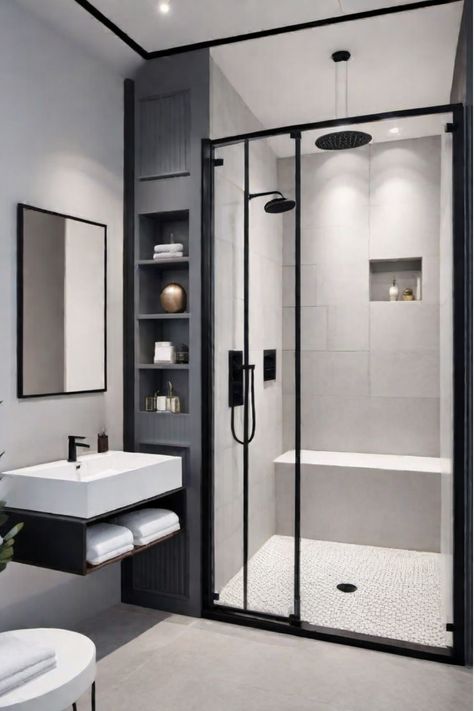 Small Scandinavian bathroom with black faucet and white tiles Bathroom Black Fixtures, Bathroom With Black Fixtures, Bathroom With Black Accents, Black And White Small Bathroom, Sleek Bathroom Design, Modern Scandinavian Bathroom, Minimal Bathroom Design, Black Bathroom Fixtures, Scandinavian Bathroom Design