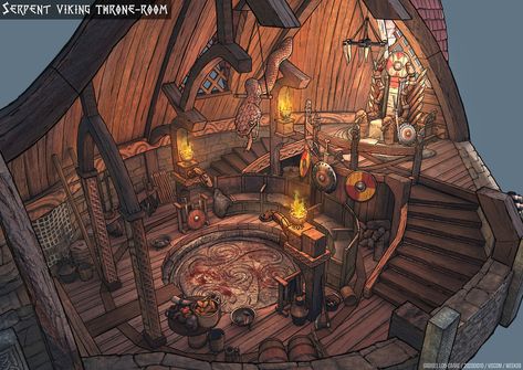 Viking House Interiors, Viking Throne, Feng Zhu Design, Interior Concept Art, Feng Zhu, Viking House, Fantasy Town, Bg Design, Fantasy Rooms