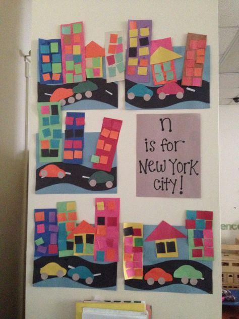 N is for New York City Fall In The City Preschool, City And Country Preschool Theme, New York Crafts Preschool, Preschool City Theme, New York Preschool Activities, City Crafts Preschool, New York Crafts For Kids, City Crafts For Kids, Nyc Skyscrapers