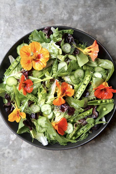 Salad With Flowers, Nasturtium Flower Recipes, Spring Dinner Party Menu Ideas, Nasturtium Salad Recipe, Edible Flower Salad, Pickled Nasturtium Seeds, Nasturtium Flower Aesthetic, Spring Food Photography, Nasturtium Pesto